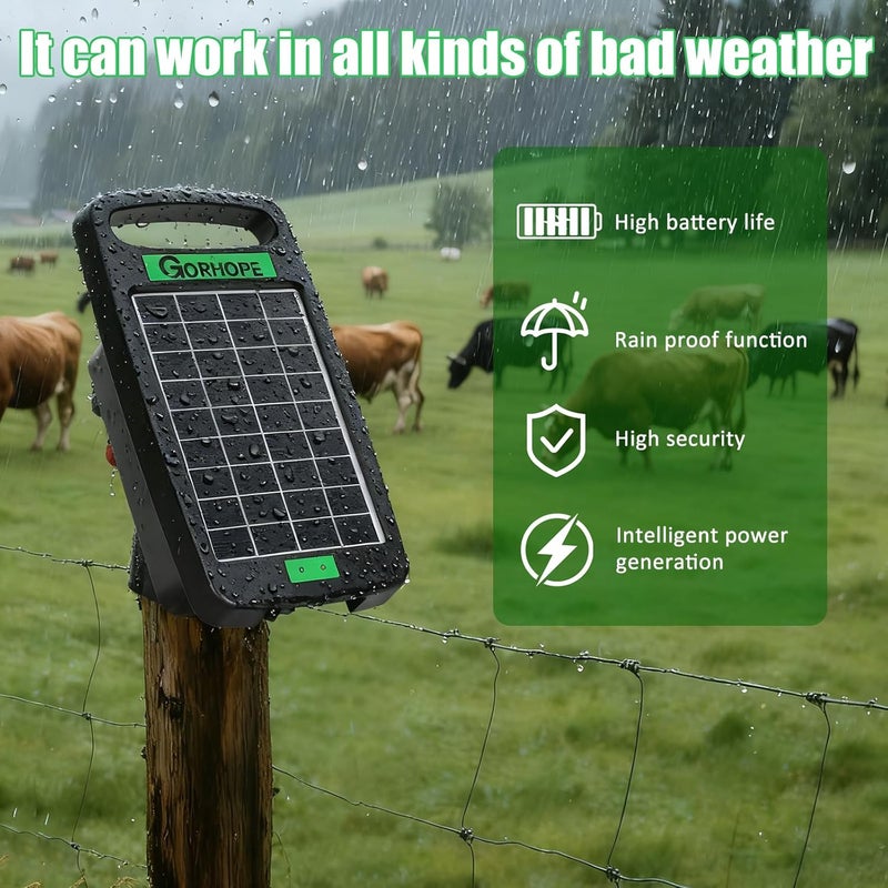 Gorhope 5 Miles Solar Electric Fence Charger,Output 0.11J Electric Fence Charger Solar Powered, 24-Hour Uninterrupted Protection Solar Powered Electric Fence, Solars Electricing Fence Kit for Garden - Image 2